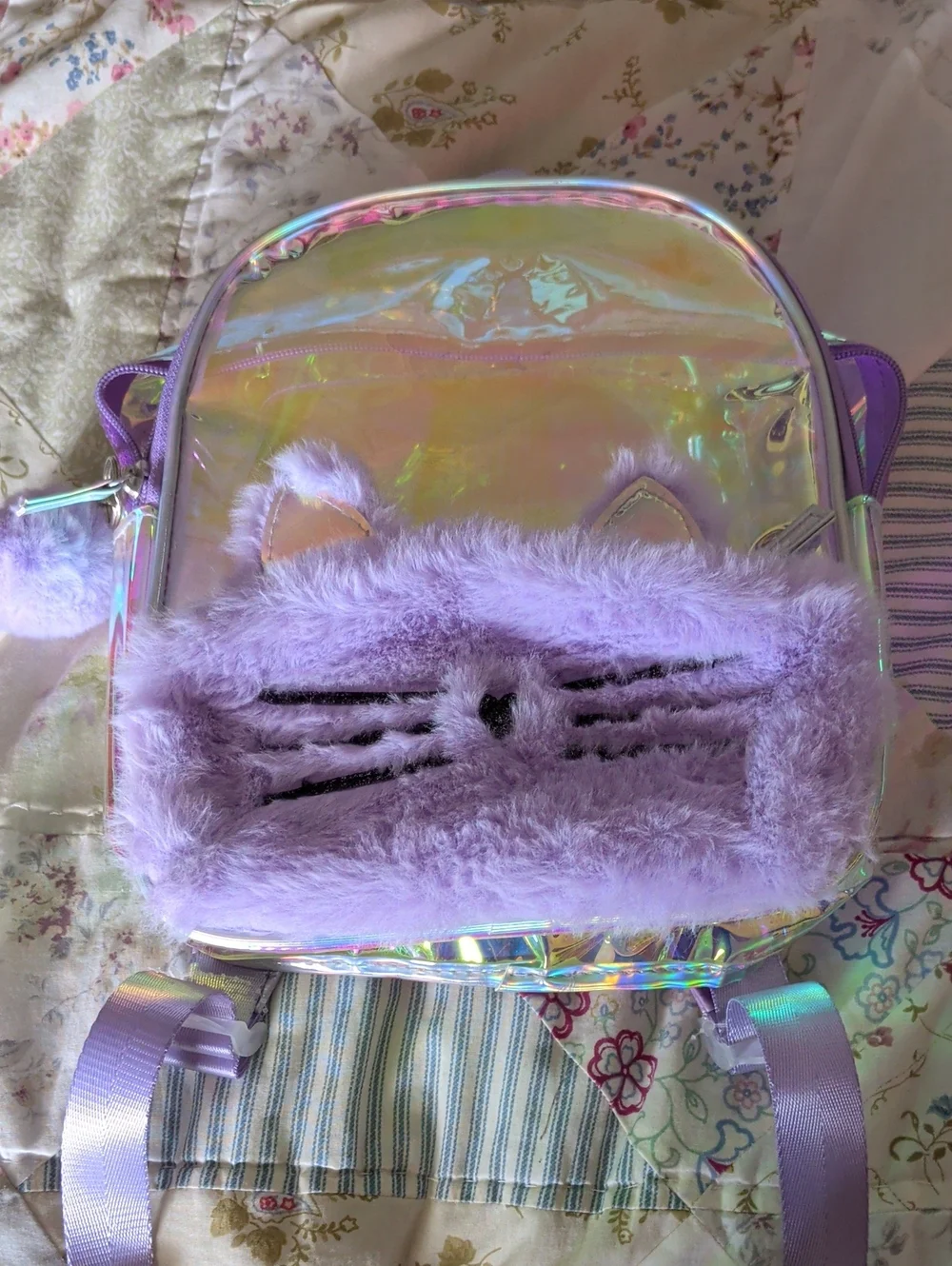Iridescent Lavender Cat Kids Backpack with Faux Fur Accent